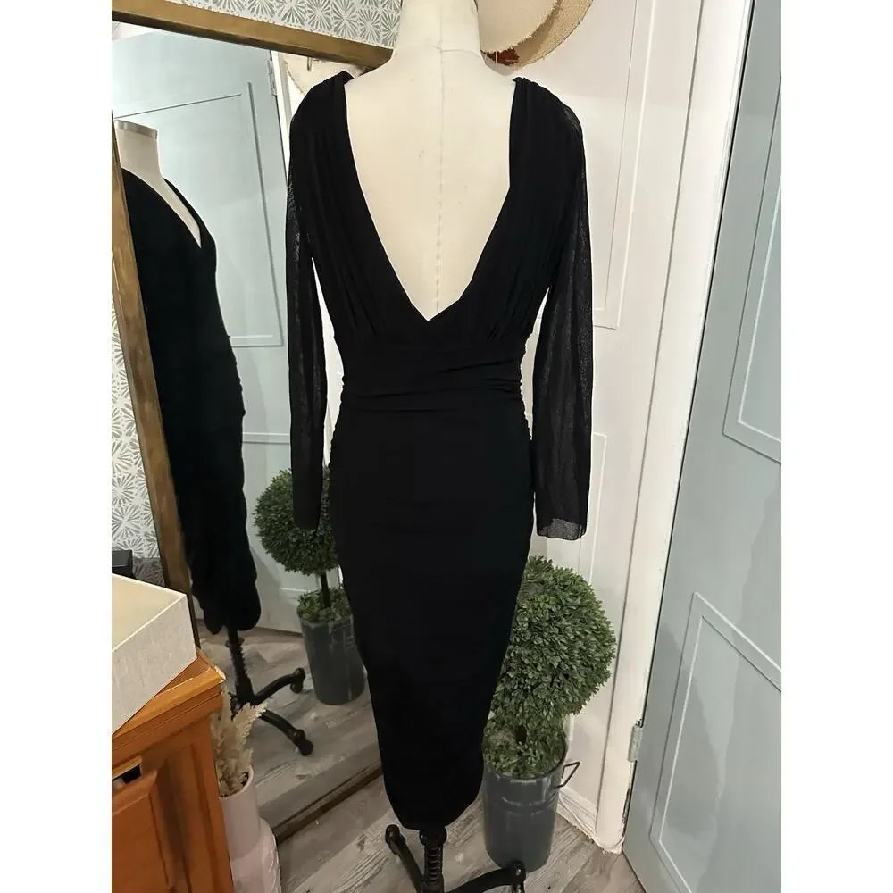 FUZZI Jean Paul Gaultier Mesh V-neck Long Sleeve Ruched Midi Dress - Picture 6 of 7